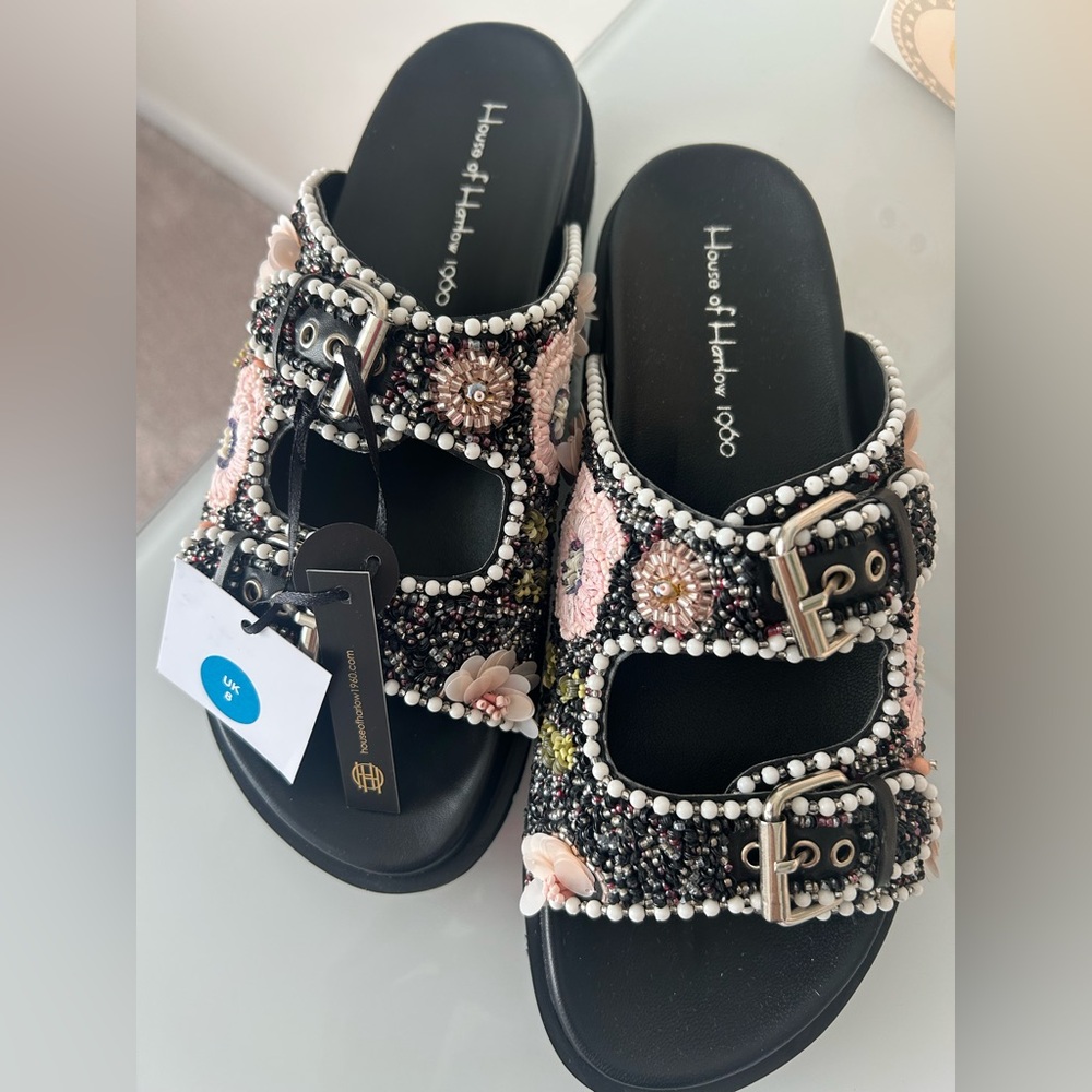 House of Harlow 1960 Black Beaded Sandals with Floral Design - Picture 2 of 5